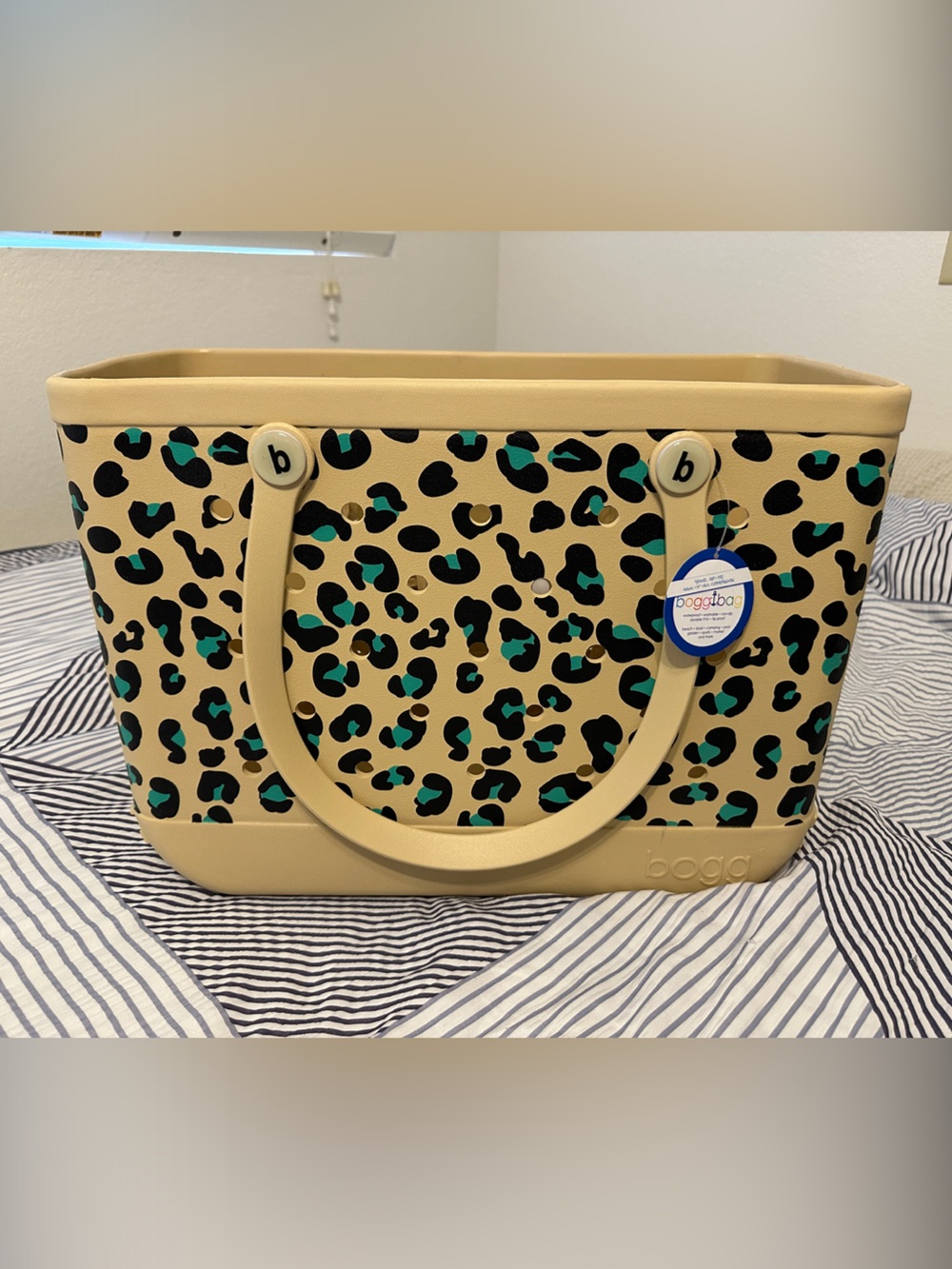 BOGG BAG Beige Leopard Tote with Black and Turquoise Spots! - Picture 1 of 7